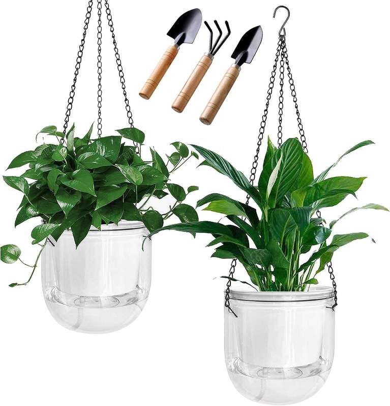 2 Pack Hanging Planters Flower Pots Indoor Outdoor- Clear Self Watering
