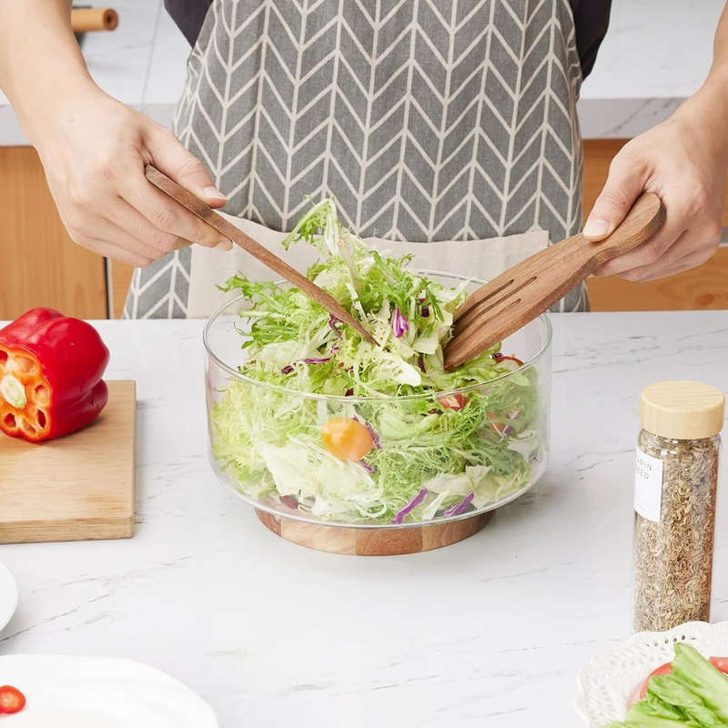 Extra Large Glass Salad Bowl Set With Wood Base & Serving Utensils-Modern
