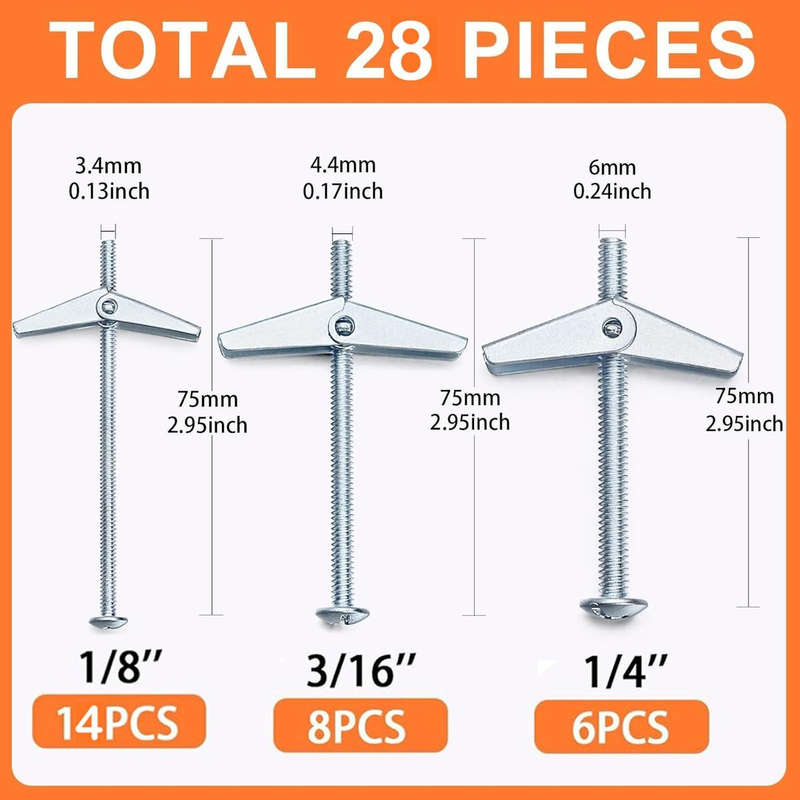 28 Piece Toggle Bolts & Nut Kit Drywall Butterfly Anchors- 3 Size 3,6,5mm