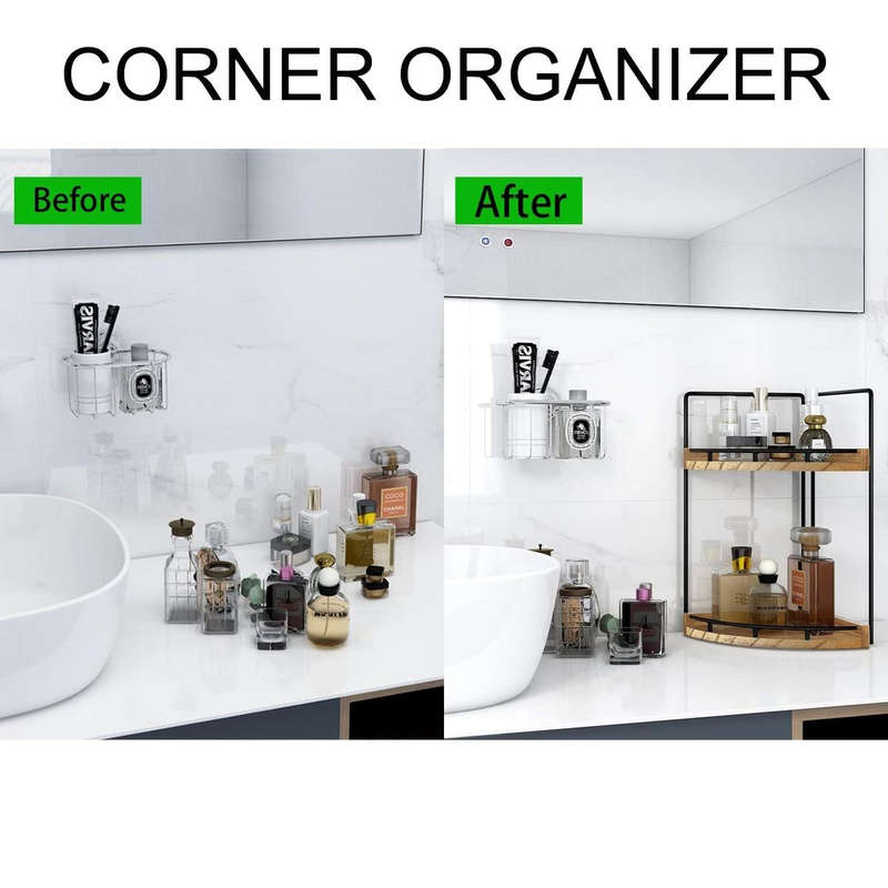 2-Tier Vanity Bathroom Counter Corner Shelf Organiser Kitchen Storage-Wood