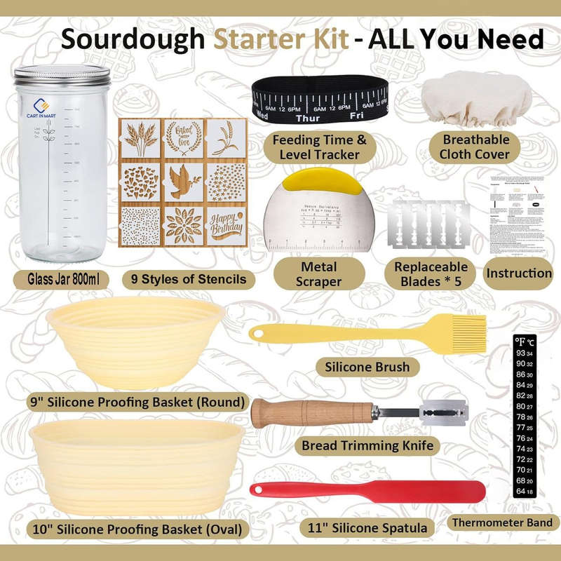 Sourdough Starter Kit With Bread Proofing Basket,Glass Jar, Baking Supplies