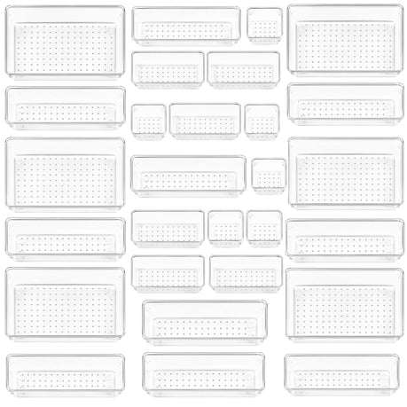 28 Piece Clear Acrylic Plastic Drawer Organizer Set 4 Sizes For Cosmetics