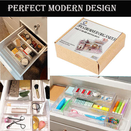7 Piece Clear Acrylic Drawer Organiser Bins Stackable Cosmetic Makeup Trays