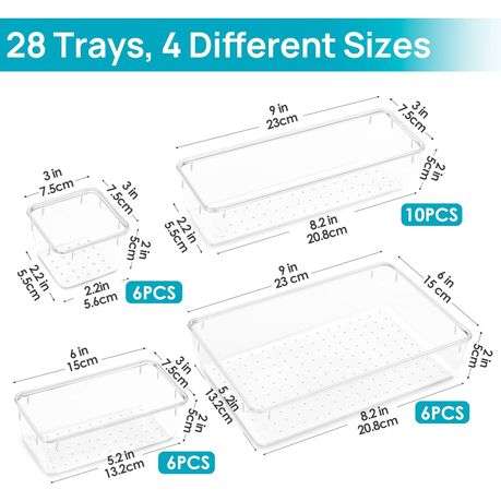 28 Piece Clear Acrylic Plastic Drawer Organizer Set 4 Sizes For Cosmetics