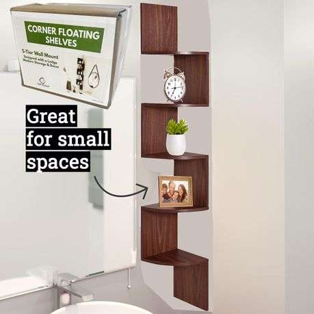5 Tier Floating Corner Shelves For Wall Hanging Bookshelf Décor - 123cm Long - Deep Walnut - 12...