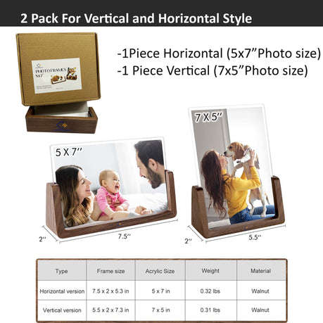 2 Pack Photo 5x7" Horizontal & Vertical Family Picture Frames-Walnut Wood