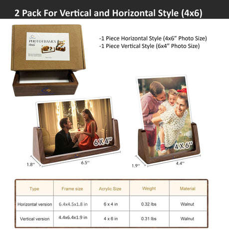 2 Pack 6x4" Photo Horizontal & Vertical Family Picture Frames-Walnut Wood