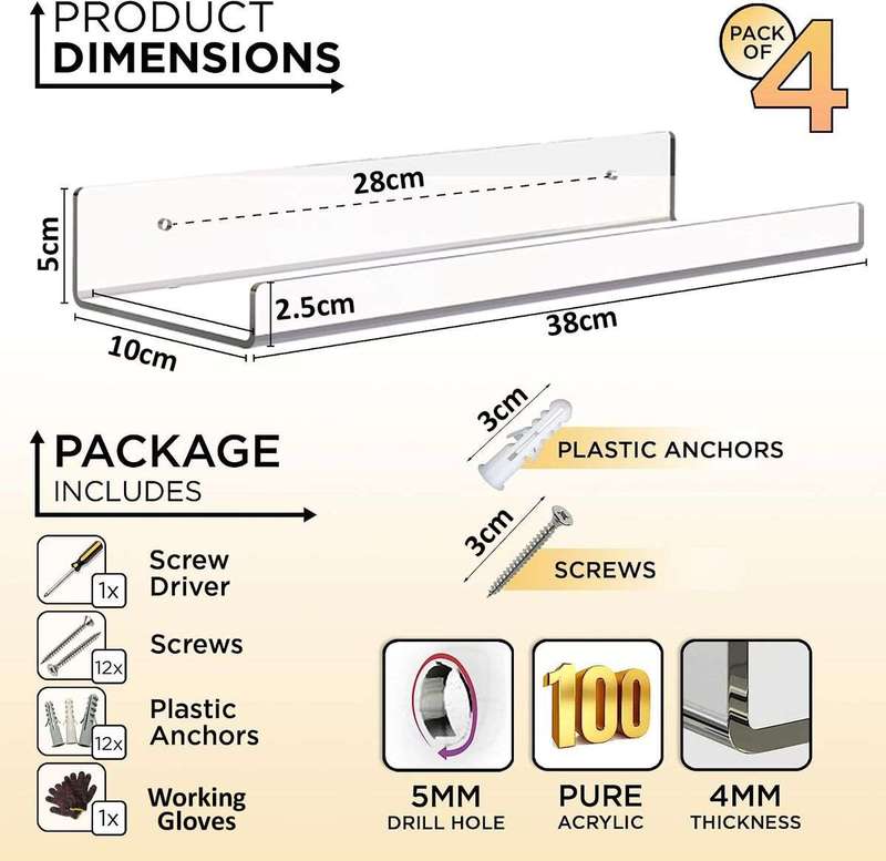 4 Pack Clear Acrylic Shelves For Wall Storage Decor DIY Floating Shelf