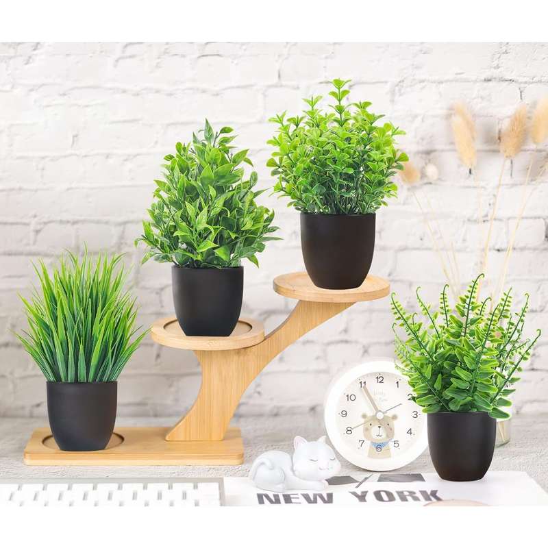 4 Pack Small Artificial Fake Faux Plants Potted Black For Home Office Decor-