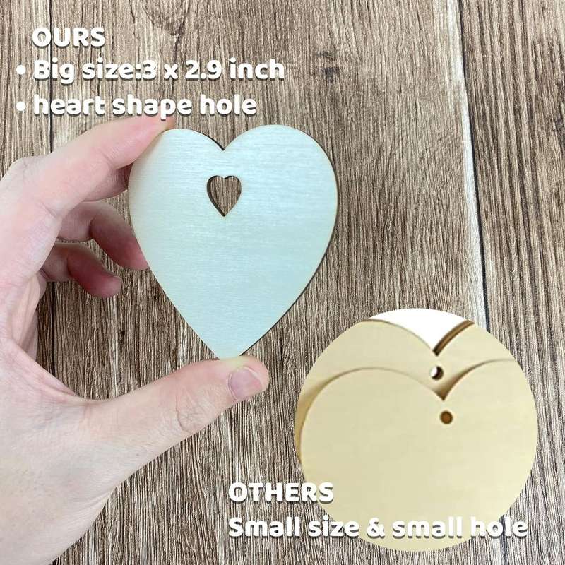 60Pcs Wooden Heart Blank Wood Slices Craft DIY