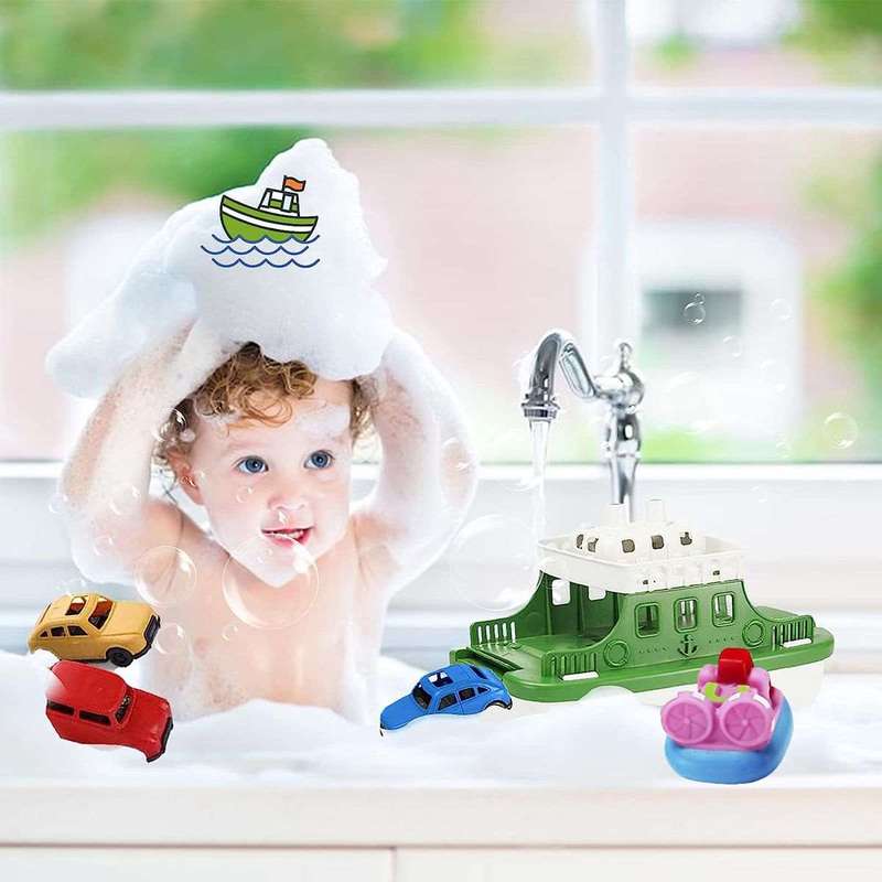 6 Piece Ferry Boat Bath Toys for Toddlers with Mini Cars & Boat Squirter