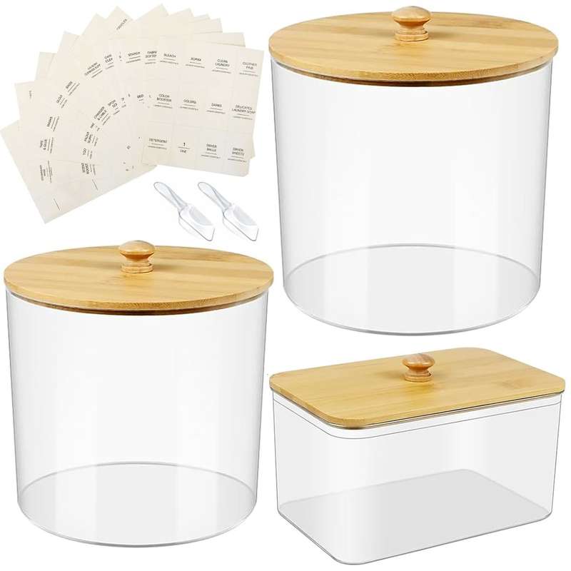 Acrylic Jars and Dryer Sheet Holder With Bamboo Lids Laundry Room Organiser|