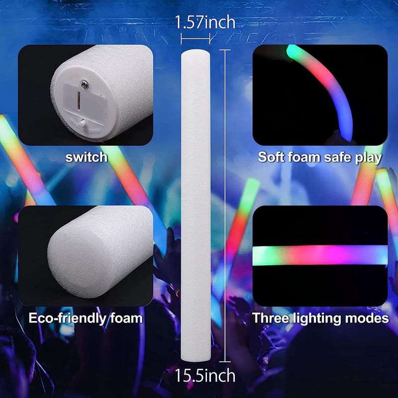 50 Pieces LED Glow In The Dark Foam Sticks Bulk Neon Party Supplies