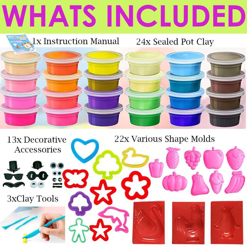 24 Colors Air Dry Modelling Clay Kit For Kids-Ultra Light & Soft- 64 Pcs