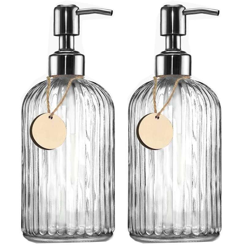 2 Pack Glass Soap Dispenser Clear Refillable Stainless Steel Pump &Tags