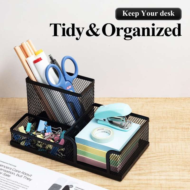 Caart In Mart Mesh Desk Organisers Pencil Pen Holder For Office- 3 Compartments-Black