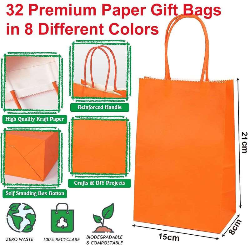 32 Pack Kraft Paper Gift Bags Bulk Party Favour In 8 Colours -Small