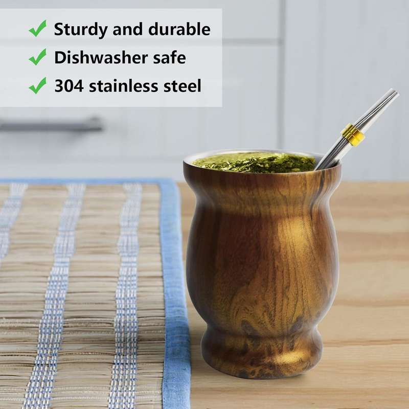 Yerba Mate Cup Set-Double Wall Stainless Steel With 2 Bombilla Brush|