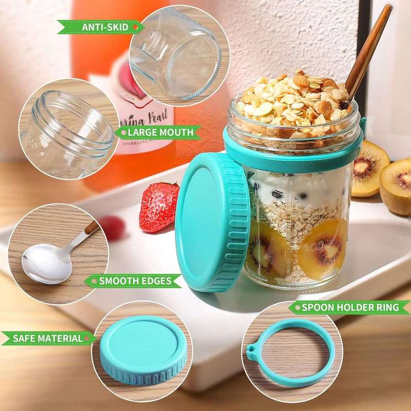 4 Pack Overnight Oats Jars Glass Airtight Cereal Containers & Spoons - 350ml