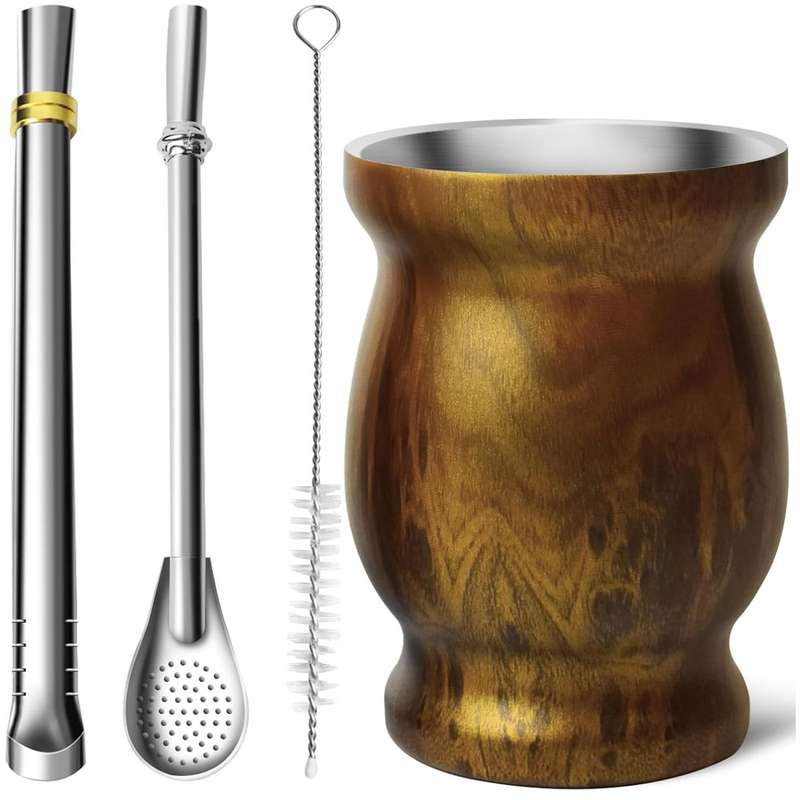 Yerba Mate Cup Set-Double Wall Stainless Steel With 2 Bombilla Brush|