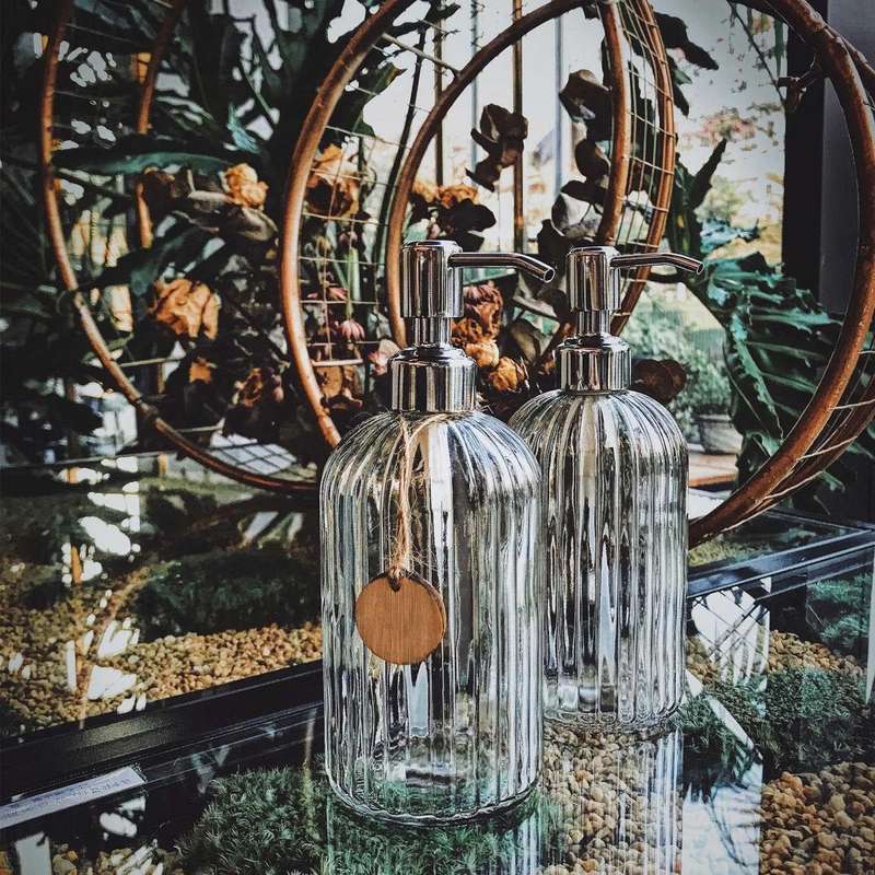 2 Pack Glass Soap Dispenser Clear Refillable Stainless Steel Pump &Tags