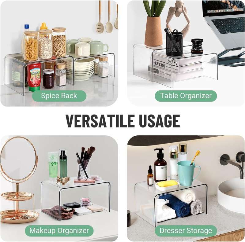 2 Pack Clear Cabinet Spice Organiser Shelf For Kitchen Countertop Desk