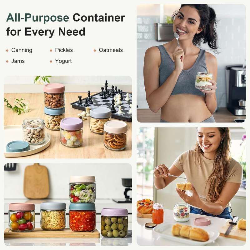 6-Pack 300ml Glass jars with Airtight Lids Overnight Oats Container Mason|