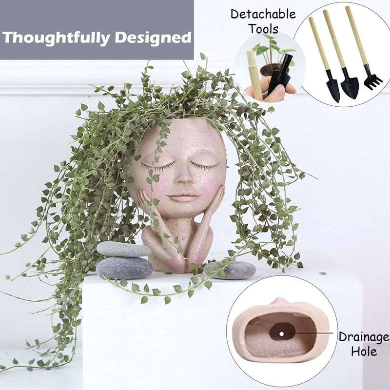 Face Flower Pot Resin Head Planter For Succulent Indoor Outdoor