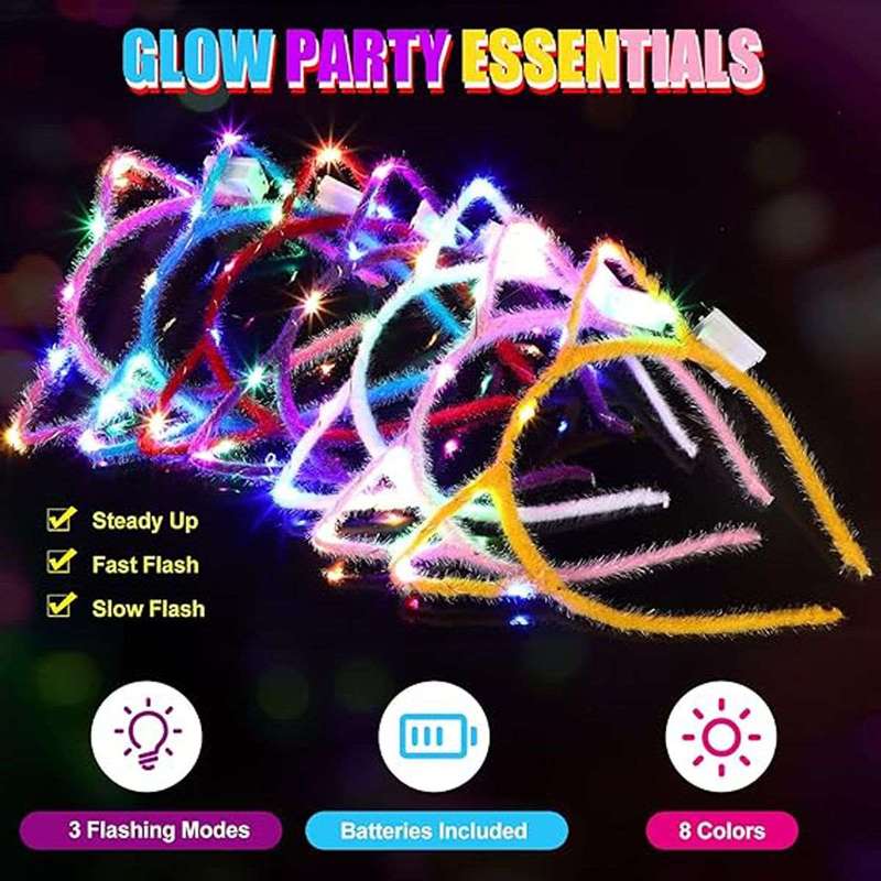 10 Piece LED Glow In The Dark Cat Ear Headband Neon Party Supplies Favors