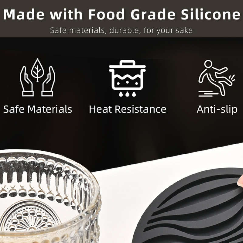 6 Pack Silicone Coasters Set With Holder For Drink Cup Barware - Black