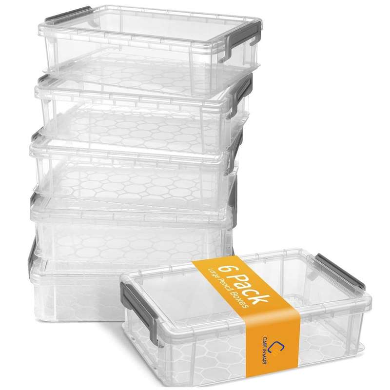 6 Pack Clear Large Pencil Box Multipurpose Craft Storage Organiser With Lid-