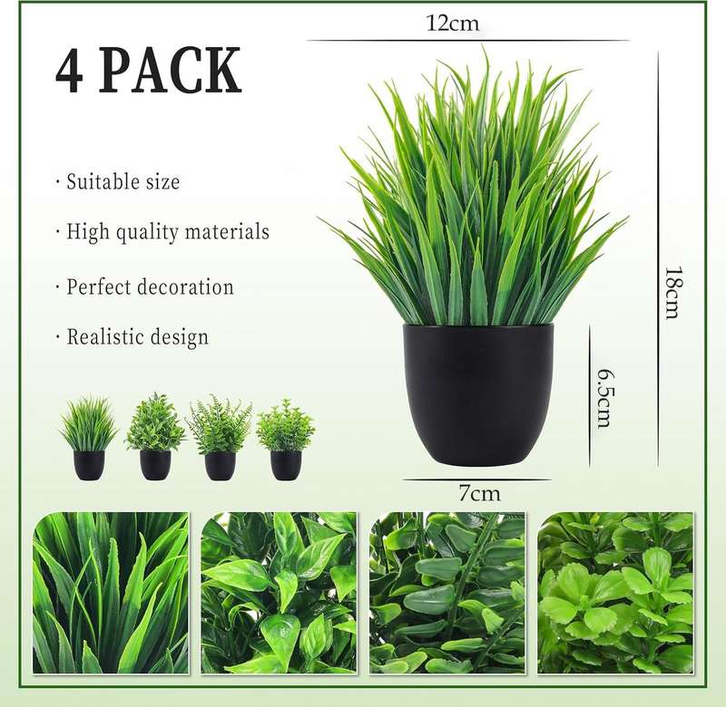 4 Pack Small Artificial Fake Faux Plants Potted Black For Home Office Decor-