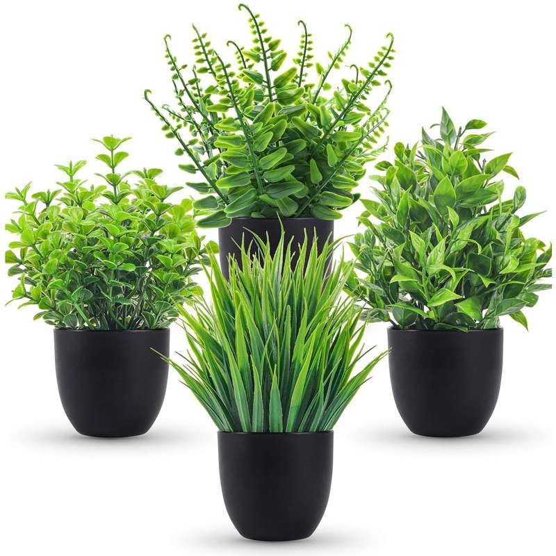 4 Pack Small Artificial Fake Faux Plants Potted Black For Home Office Decor-