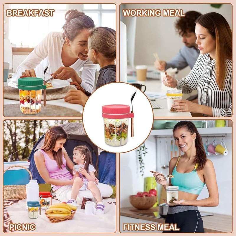 4 Pack Overnight Oats Jars Glass Airtight Cereal Containers & Spoons - 350ml