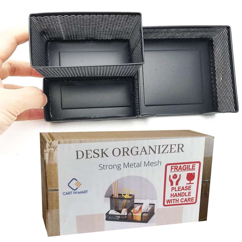 Caart In Mart Mesh Desk Organisers Pencil Pen Holder For Office- 3 Compartments-Black