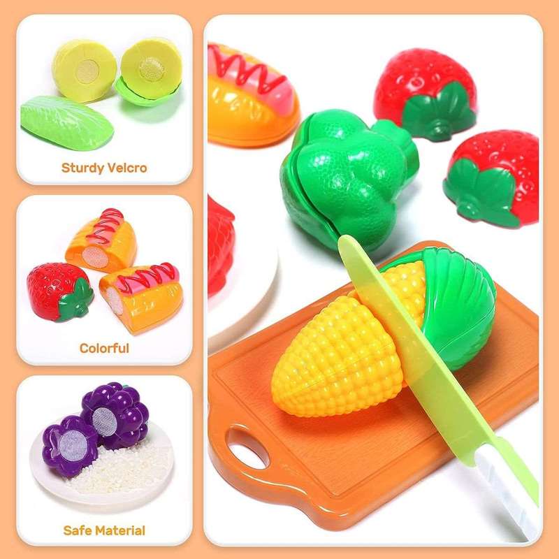 64 Piece Pretend Play Kitchen Fruit Food Cutting Set Toys Pot Stove