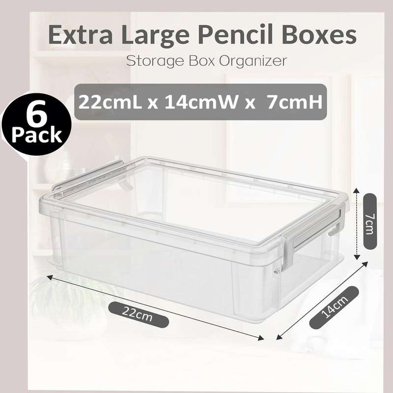 6 Pack Clear Large Pencil Box Multipurpose Craft Storage Organiser With Lid-