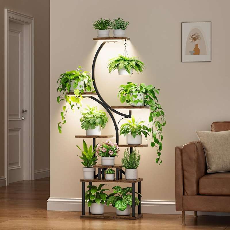 8 Tier Plant Stand With LED Grow Lights For Indoor Wood & Metal-156cm