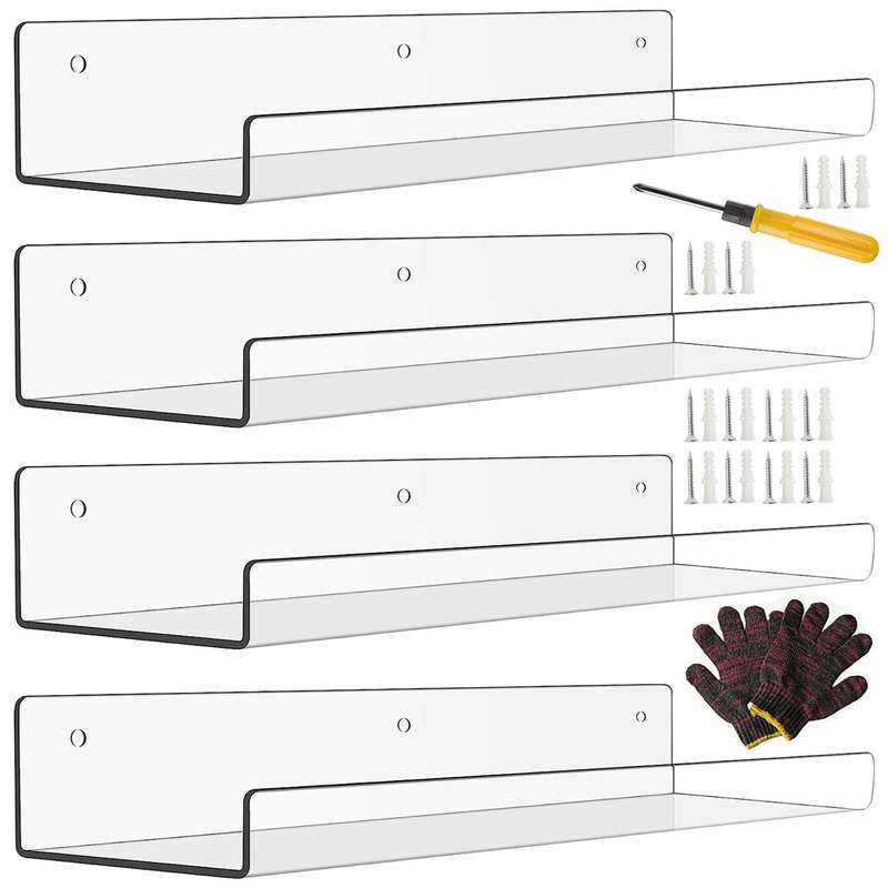 4 Pack Clear Acrylic Shelves For Wall Storage Decor DIY Floating Shelf