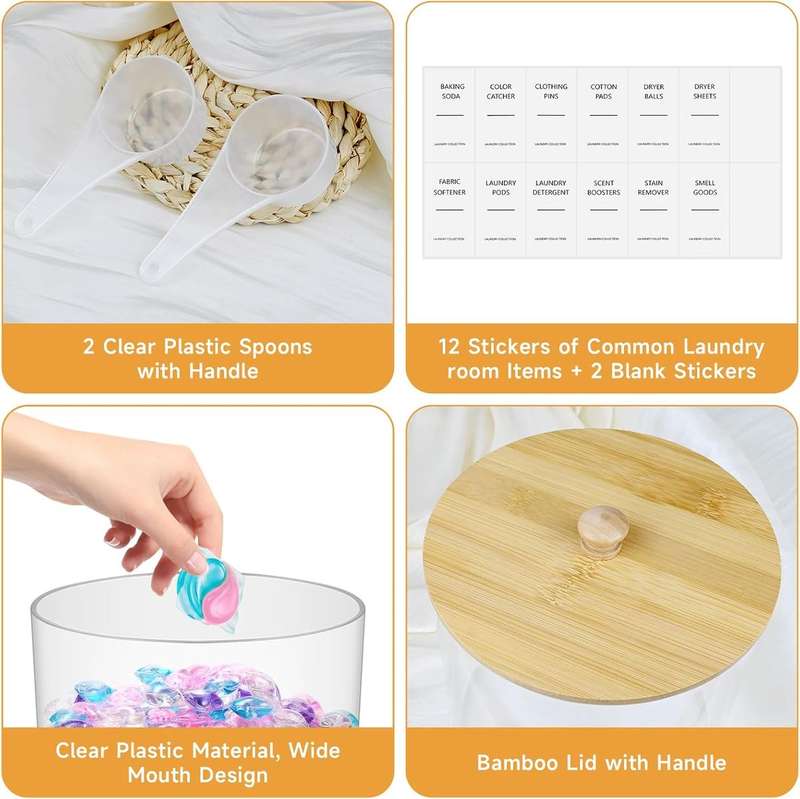Acrylic Jars and Dryer Sheet Holder With Bamboo Lids Laundry Room Organiser|