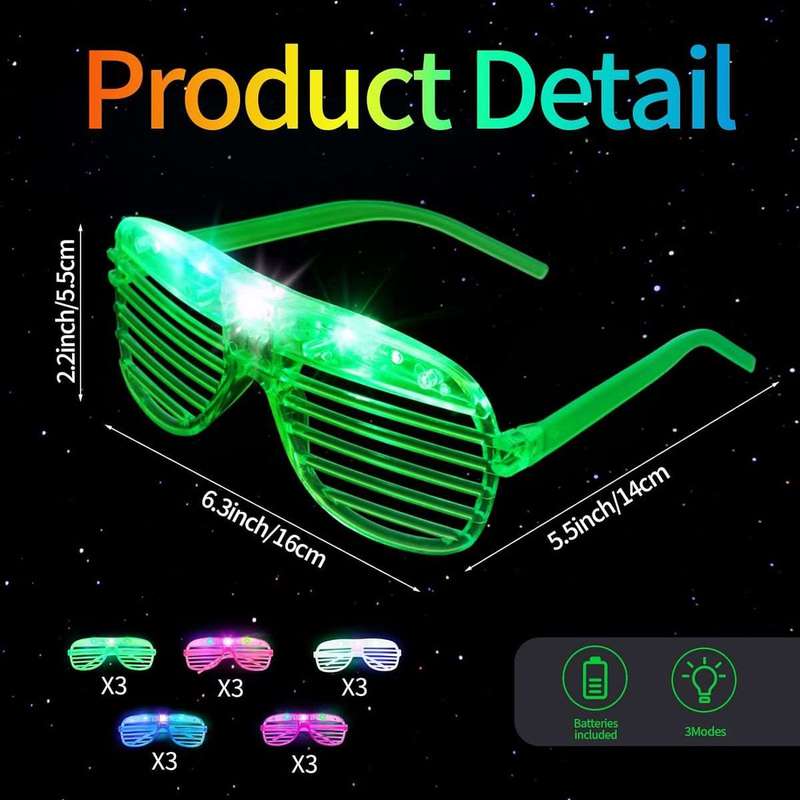 15 Pack LED Glasses Glow In The Dark Neon Bulk Sunglasses Party Supplies