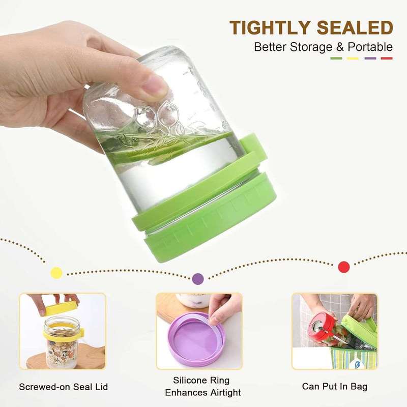 4 Pack Overnight Oats Jars Glass Airtight Cereal Containers & Spoons - 350ml