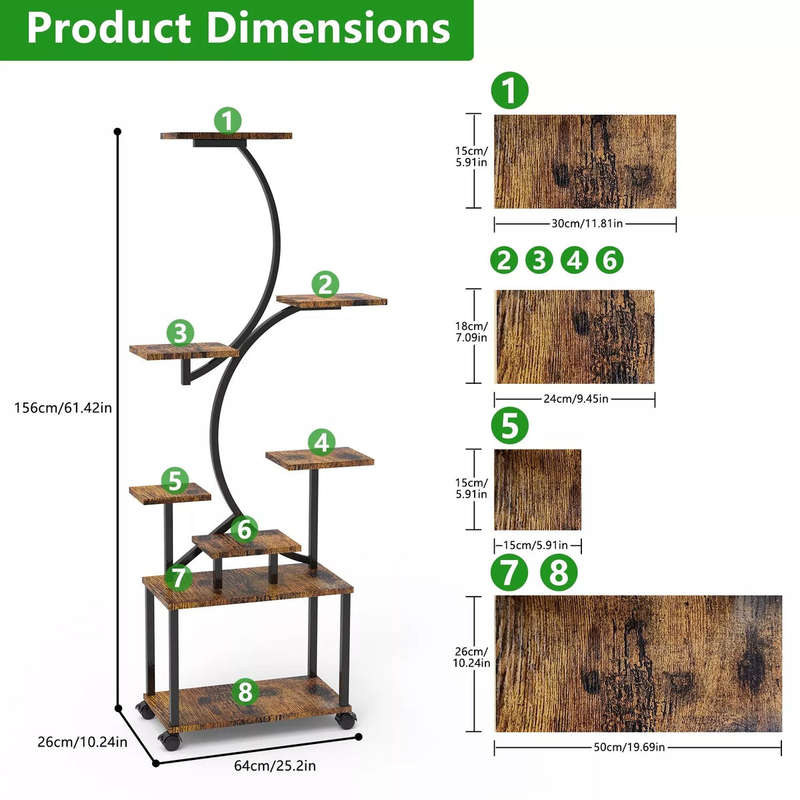 8 Tier Plant Stand With LED Grow Lights For Indoor Wood & Metal-156cm