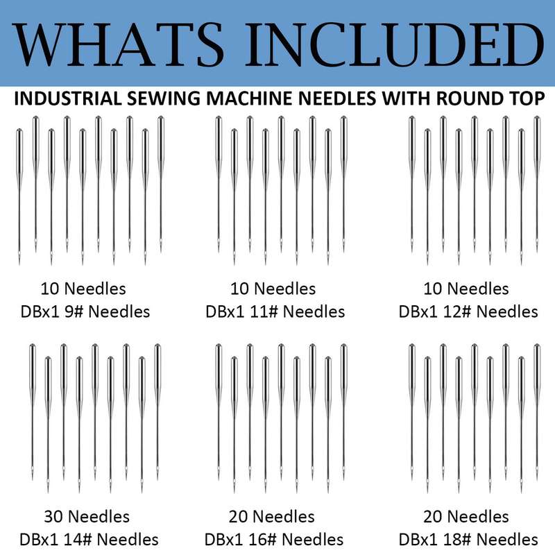 100 Pack Industrial Sewing Machine Needles 6 Sizes-Round Shank