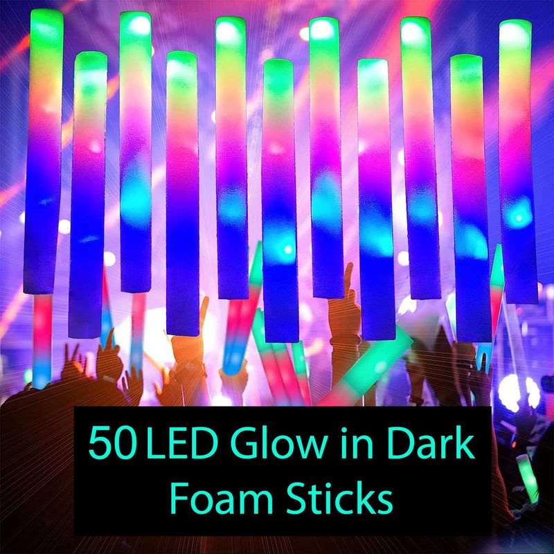 50 Pieces LED Glow In The Dark Foam Sticks Bulk Neon Party Supplies