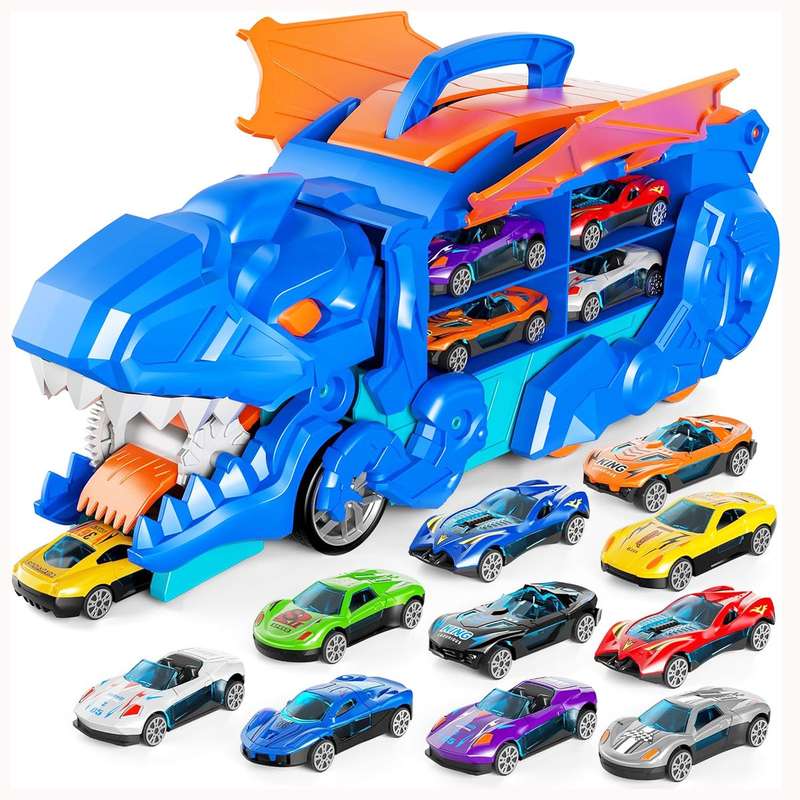 Dinosaur Transporter Truck With 10 Die-Cast Cars Toddler Toys For Kids
