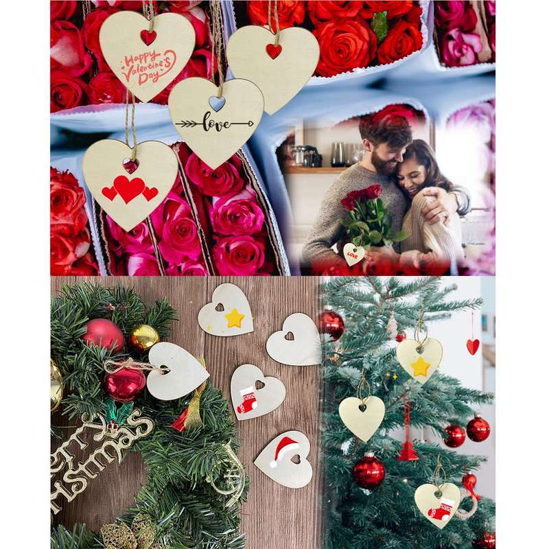 60Pcs Wooden Heart Blank Wood Slices Craft DIY