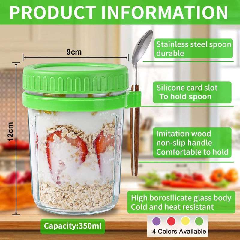 4 Pack Overnight Oats Jars Glass Airtight Cereal Containers & Spoons - 350ml