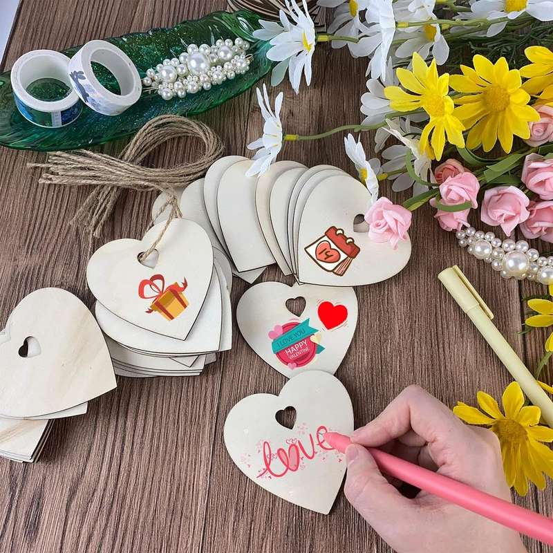 60Pcs Wooden Heart Blank Wood Slices Craft DIY
