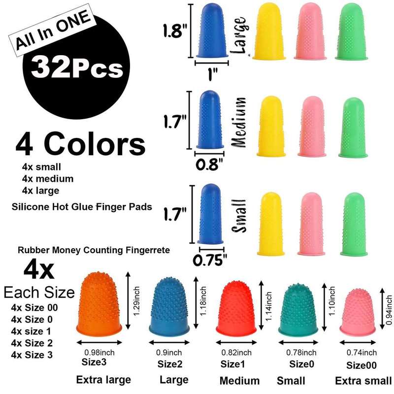 32 Piece All Sizes Rubber & Silicone Fingers Tip Pads Thimbles